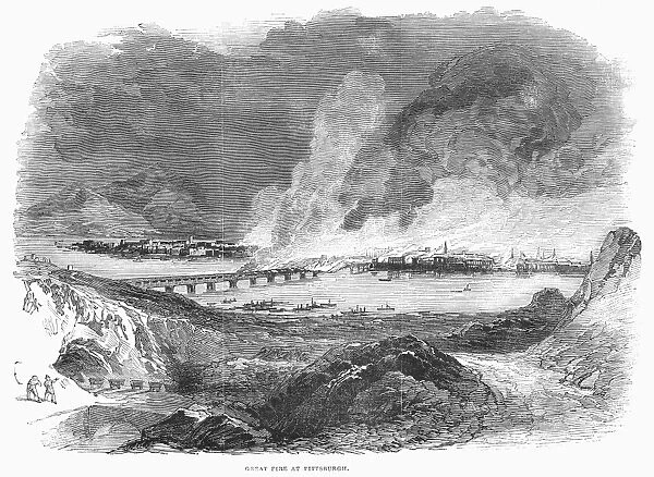 PITTSBURGH: FIRE, 1845. The great fire of 10 April 1845, which burned two-thirds of the city to the ground. Wood engraving from a contemporary English newspaper