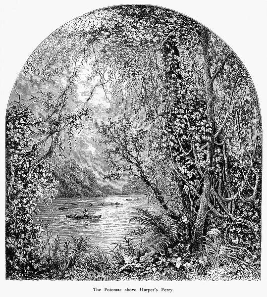 POTOMAC RIVER. View of the Potomac River above Harpers Ferry, West Virginia. Wood engraving by Granville Perkins, late 19th century