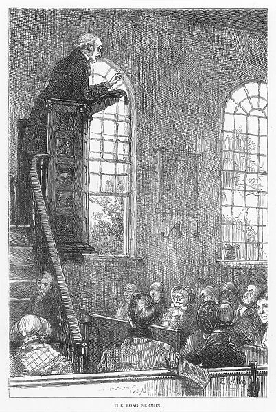 PREACHER, 19th CENTURY. The Long Sermon: wood engraving after Edwin Austin Abbey (1852-1911)