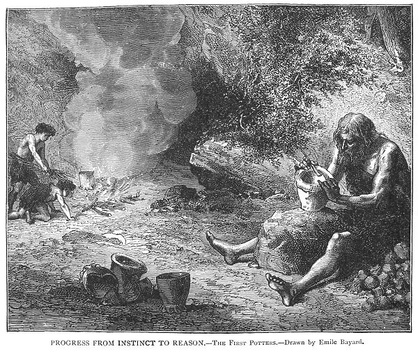 PREHISTORIC MAN. Progress from instinct to reason: The first potters. Wood engraving, late 19th century