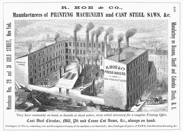 PRESSMAKER FACTORY, c1880. R. Hoe Press Makers and Saw Manufacturers, Gold Street, New York. Line engraving, 19th century
