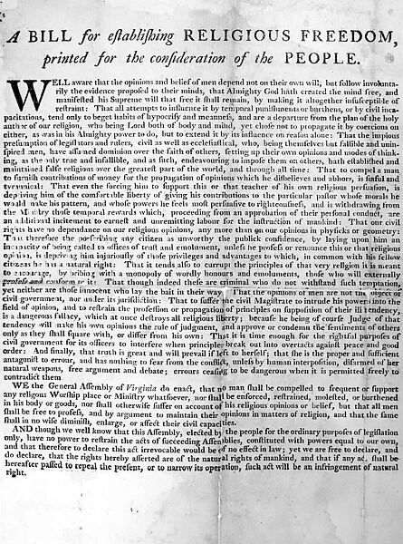 Printed text of Thomas Jeffersons Bill for Establishing Religious Freedom in the state of Virginia, c1779