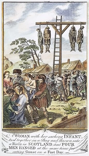 PROTESTANT MARTYRS, 1563. Persecution of Protestants in Scotland. Line engraving from a late 18th century English edition of John Foxes The Book of Martyrs, first published in 1563