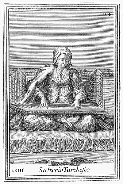 PSALTERY, 1723. A woman playing Turkish psaltery, known as a kanun. Copper engraving, 1723, by Arnold van Westerhout