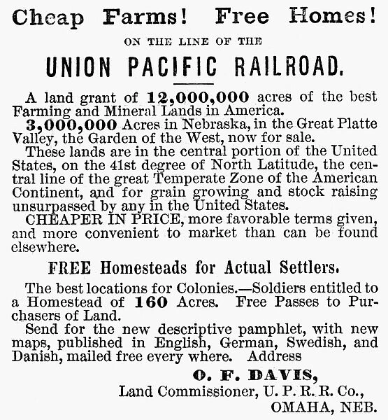 RAILROAD LAND SALE, 1872. Advertisement for farmland owned by the Union Pacific
