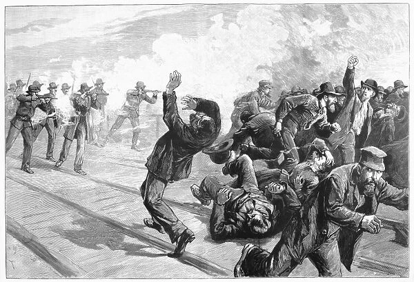 RAILROAD STRIKE, 1886. Firing at striking workers in East St. Louis during the Great Southwest Railroad Strike of March 1886 against railroads owned by Jay Gould. Line engraving after Thure de Thulstrup from a contemporary American magazine