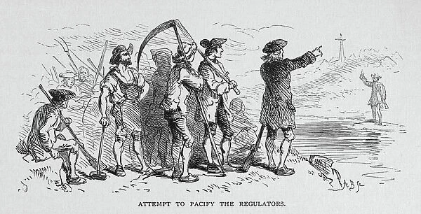REGULATORS REVOLT, 1771. Attempt to Pacify the Regulators. Edmund Fanning (far right, on opposite shore) attempting to pacify the Regulators, led by Ninian Bell Hamilton, along the Eno River near Hillsborough, North Carolina, during the Regulators revolt in 1771. Wood engraving, 19th century, after Felix O. C. Darley