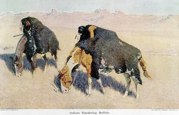 REMINGTON: BUFFALO HUNT. Indians Simulating Buffalo. Oil painting by Frederic Remington