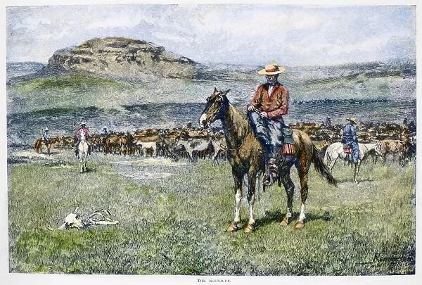 REMINGTON: COWBOY, 1888. The Round-Up. Wood engraving, 1888, after a drawing by Frederic Remington (1861-1908)