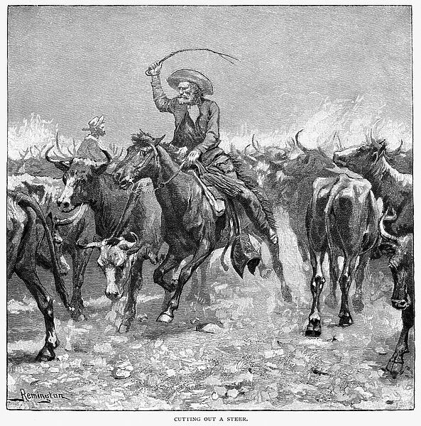 REMINGTON: COWBOYS, 1888. Cutting Out a Steer. Wood engraving, 1888, after a drawing by Frederic Remington (1861-1908)