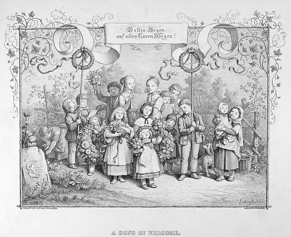 RICHTER: CHILDREN. A Song of Welcome. Line engraving, German, 1875, after a drawing by Ludwig Richter (1803-1884)