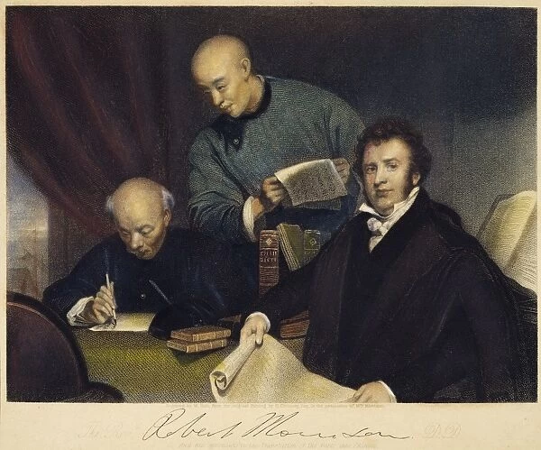 ROBERT MORRISON (1782-1834). Morrison and his Chinese assistants translating the Bible into Chinese: stipple engraving, 1846, after the painting by George Chinnery