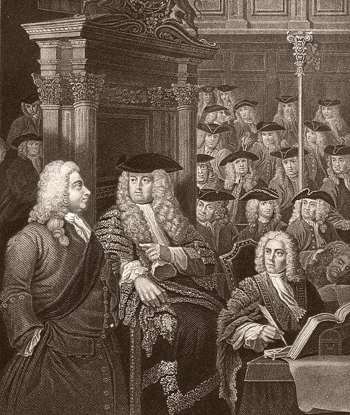 ROBERT WALPOLE (1676-1745). First Earl of Orford. English statesman. Walpole (left) at the entry to the House of Commons with the Speaker, Arthur Onslow. Line and stipple engraving after William Hogarth and Sir James Thornhill