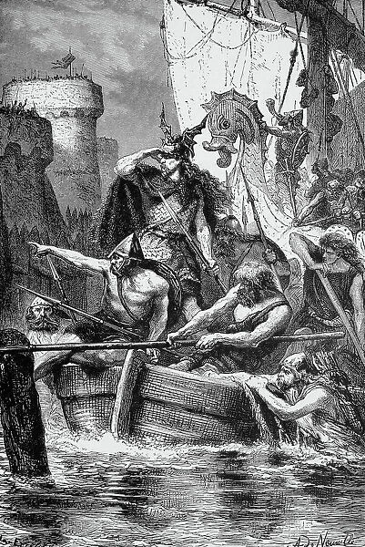 ROLLO (c860-c931). Norse chieftain and Viking leader. Rollo and his fleet attack Paris, France, in 885 A. D. Wood engraving, 19th century