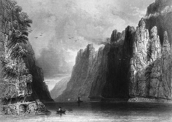 ROMANIA: KAZAN PASS. A view of Kazan Pass, on the border between Serbia and Romania (then part of the Kingdom of Hungary, in the Austrian Empire) on the Danube River. Steel engraving, English, 1844, after William Henry Bartlett