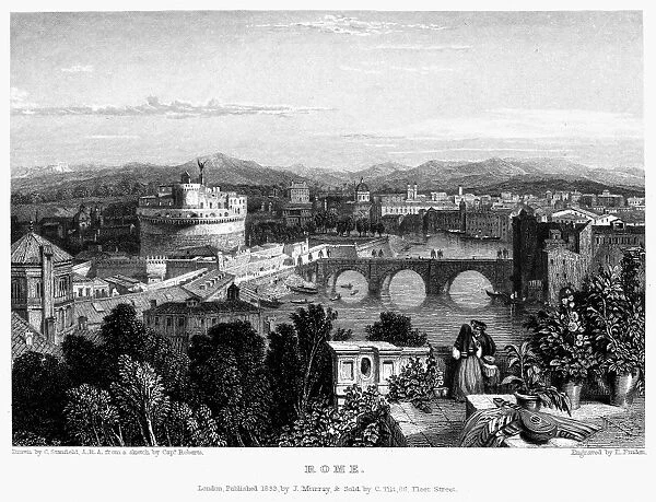 ROME: SCENIC VIEW, 1833. View of Rome, Italy, from above the Porta Santo Spirito looking toward the Campagna. Steel engraving, English, 1833, by Edward Finden after Clarkson Stanfield