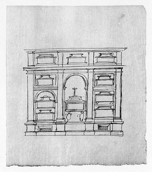 Rough sketch of the Altar of Reliquaries in the nave of the basilica at El Escorial monastery in Spain. Drawing by architect Juan de Herrera, c1570