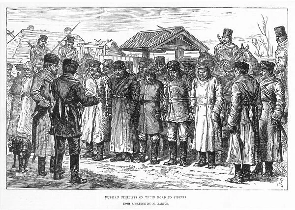 RUSSIAN ANARCHISTS. Russian nihilists on the way to Siberia. Wood engraving, English, 1887