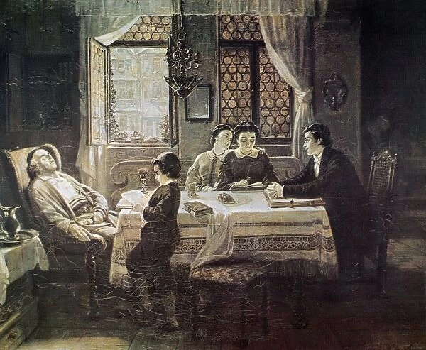 SABBATH AFTERNOON. Grisaille painting, c1875, by Moritz Daniel Oppenheim