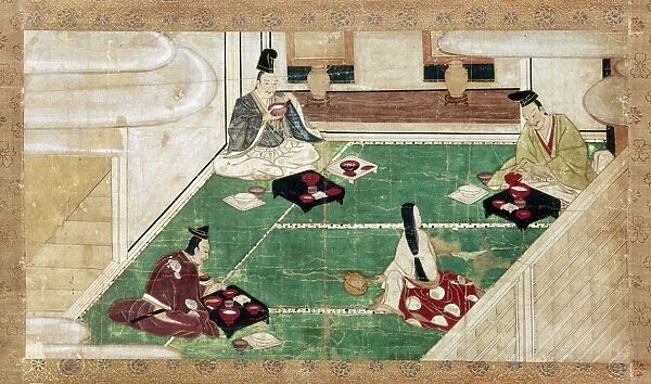 Samurai eat rice out of lacquer bowls while a woman serves sake. Japanese painted scroll, color on paper, late 14th century