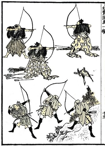 Six samurai; the upper three at court, practicing their archery; the lower three in traditional hunting attire. Woodblock print, 1817, from the Manga of Katsushika Hokusai