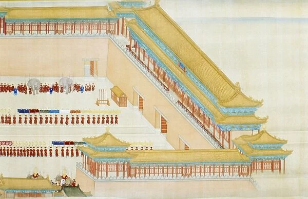 Scene in the outer courtyard of the Forbidden City, Peking, China, on the return of Emperor K ang Hsi from his inspection tour in the lower Yangtze River basin in 1689. Detail from a contemporary painted silk scroll