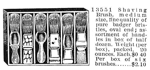 SHAVING BRUSHES, 1895. A box of assorted badger-bristle shaving brushes. Advertisement from the Montgomery Ward & Company catalogue of 1895