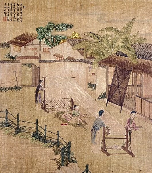 Silk weaving on a wooden loom. Chinese silk painting, c1650-1726