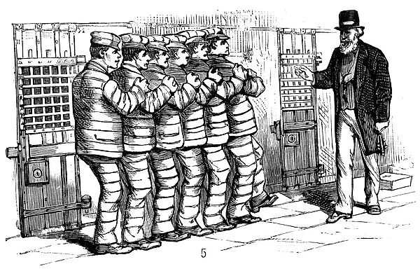 SING SING PRISON, 1878. Convicts in the prison at Sing Sing, New York proceeding through a cell block in lockstep. Wood engraving from an American newspaper of 1878