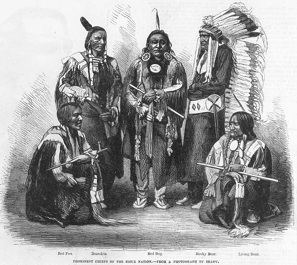 SIOUX CHIEFS. (Left to right) Red Fox; Bearskin; Red Dog; Rocky Bear; Living Bear: wood engraving after a photograph by Mathew Brady