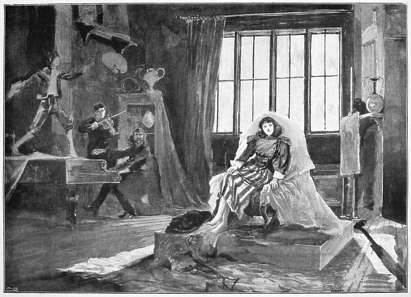Sir Herbert Beerbohm Tree as Svengali (seated in background) and Dorothea Baird as Trilby O Ferrall in the 1895 London production of George Du Mauriers Trilby. Illustration from a contemporary English newspaper