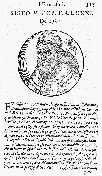 SIXTUS V (1521-1590). Pope, 1585-1590. Woodcut from Le Vite Di Tutti I Pontefici