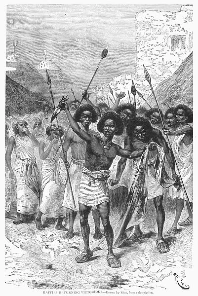SOUTH AFRICA: WARRIORS. Kaffir warriors returning victorious from battle. Wood engraving, late 19th century, after a drawing by Edouard Riou