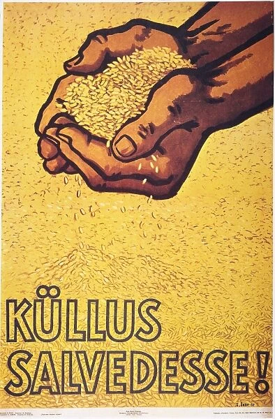 SOVIET POSTER, 1957. Fill the sacks with grain! Soviet poster with Estonian text, 1957, by Sima Shkop