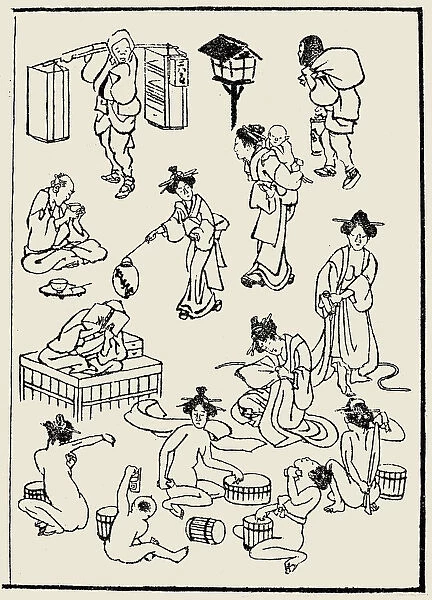 Street scene (top)  /  Public bath (bottom). Sketch from Katsushika Hokusais Manga, c1836