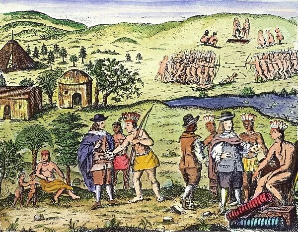 SWEDISH COLONISTS, 1702. Swedish colonists trading with Delaware Native Americans at New Sweden, Delaware. Colored Swedish engraving, 1702