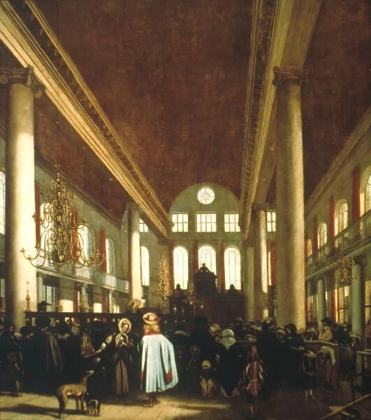 SYNAGOGUE IN AMSTERDAM. Interior of the Portuguese Synagogue in Amsterdam. Oil on canvas