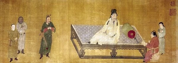 The T ang emperor Ming Huang (712-756) instructing his son, the crown prince (lower right). Detail from a painted silk scroll, Ming Dynasty (1368-1644), after an earlier painting