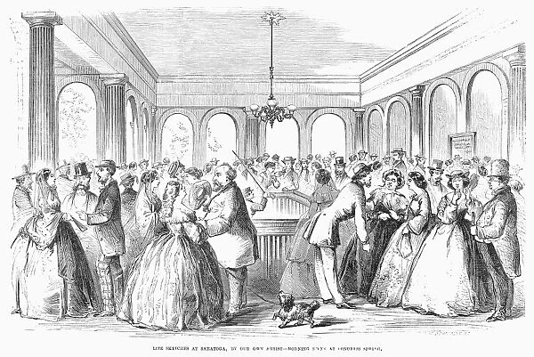 Taking the waters and socializing at Saratoga Springs, New York. Wood engraving, American, 1859