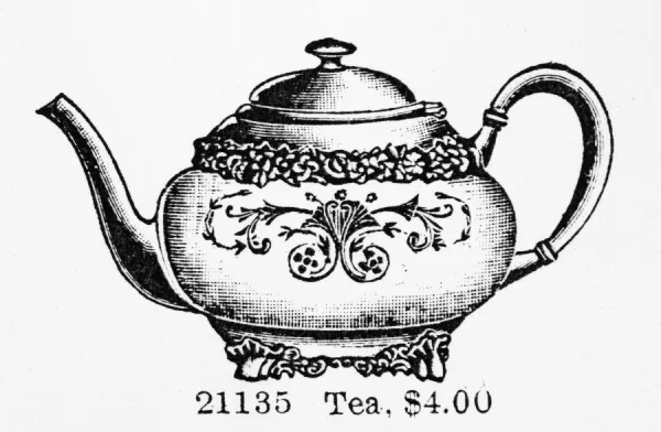 TEA POT, 1895. Silver plated teapot. American catalog advertisement