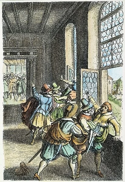THIRTY YEARS WAR, 1618. The defenestration of Prague: Colored engraving, 17th century