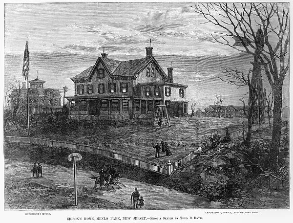 THOMAS EDISON RESIDENCE. Edisons complex with house, laboratory, office and machine shop, Menlo Park, New Jersey. Wood engraving, 1880