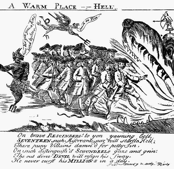 TOWNSEND ACT CARTOON, 1768. A Warm Place - Hell. American cartoon, 1768, engraved by Paul Revere, condemming to hell seventeen men who voted to rescind a Massachusetts circular letter against duties imposed by the the Townsend Act, passed by the Parliament of Great Britain the previous year