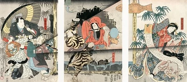 Triptych showing a night scene lit by a lantern from a Japanese Kabuki play. Left: Samurai Hachiman Taro Yoshiie, holding a parasol, with a lion. Center: Samurai Abe no Sadato with a tiger. Right: Sadato no Tsuma (Abe no Sadatos wife) with an elephant. Woodblock print by Toyokuni Utagawa, c1848