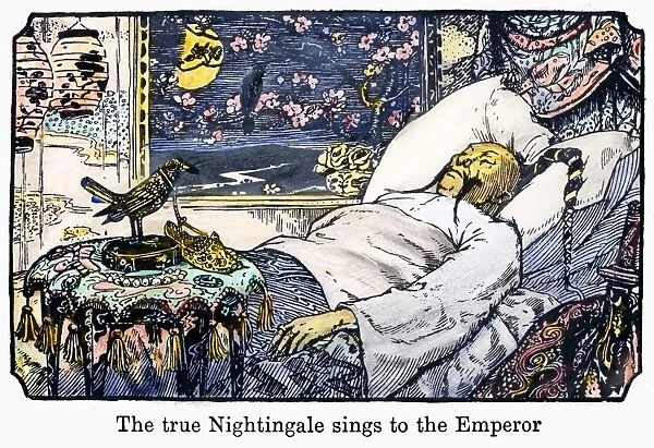 The true nightingale sings to the Emperor. Drawing by Henry J. Ford for an 1894 edition of the fairy tale The Nightingale, by Hans Christian Andersen