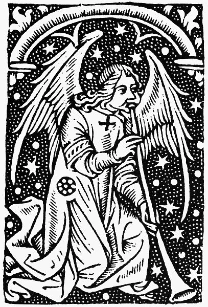 TRUMPETING ANGEL, 1498. Woodcut from Heures a l Usage de Rome, Paris, France, 1498