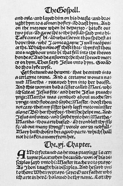 TYNDALEs BIBLE, 1525. A page from William Tyndales New Testament, 1525, the