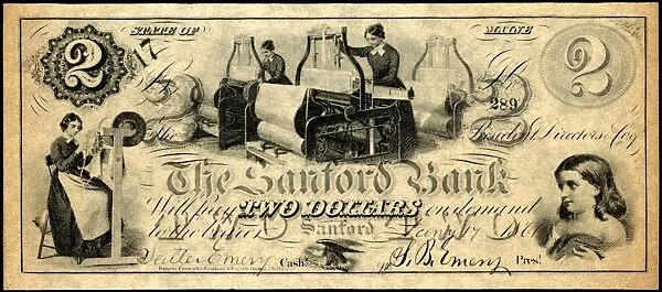 UNION BANKNOTE, 1861. State of Maine banknote for two dollars issued by The Sanford Bank, 1861