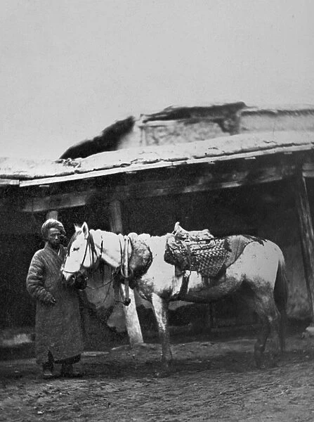 UZBEKISTAN: HORSE, c1870. A man near Zarafshan, Uzbekistan, with a horse harnessed