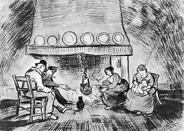 VAN GOGH: FIREPLACE, 1889. In Front of the Fireplace. Pencil drawing, by Vincent Van Gogh